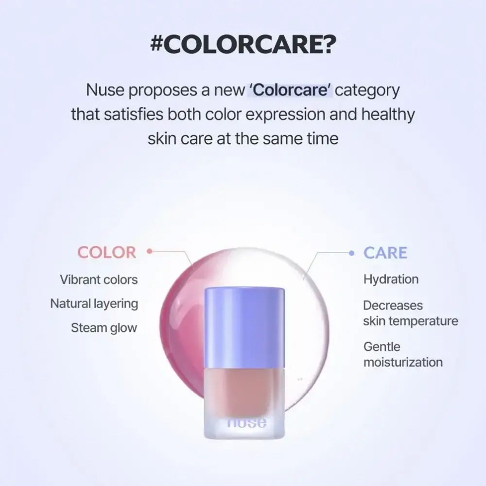 Infografica su Nuse Colorcare. Flacone con coperchio blu e contenuto rosa. Testo: Colore, Cura, Idratazione, temperatura della pelle.