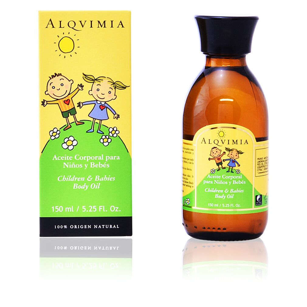 Flacone in vetro ambrato e scatola con disegni di bambini. Scritta: 'Aceite Corporal para Niños y Bebés' e 'Body Oil'.