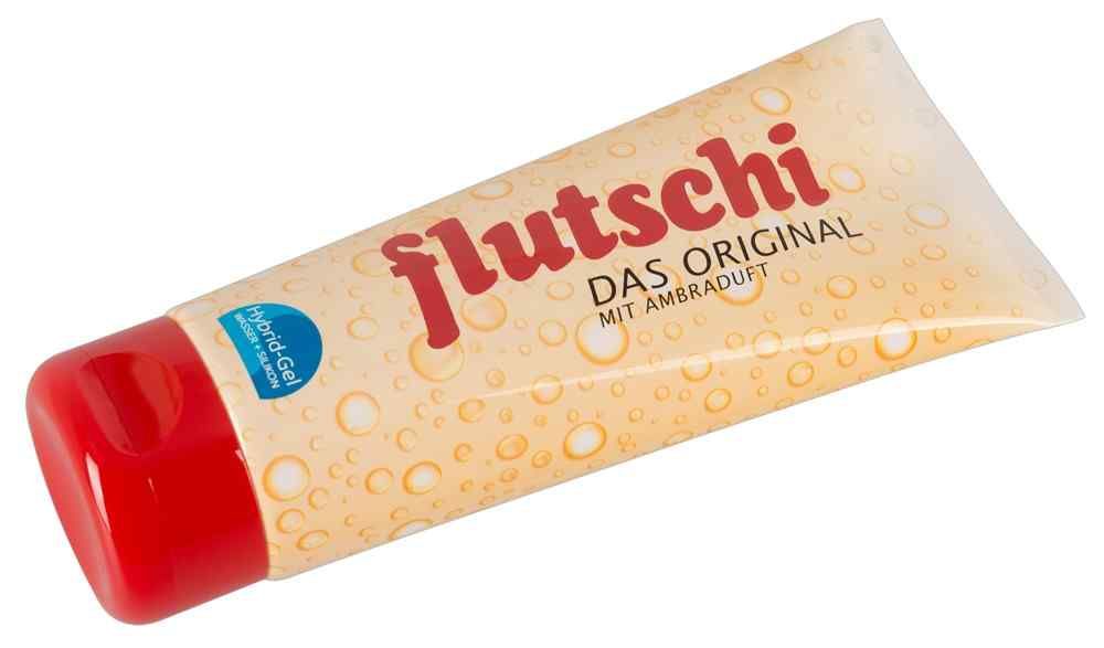 Tubo beige con tappo rosso. Scritta: flutschi, DAS ORIGINAL, MIT AMBRADUFT. Gel ibrido.