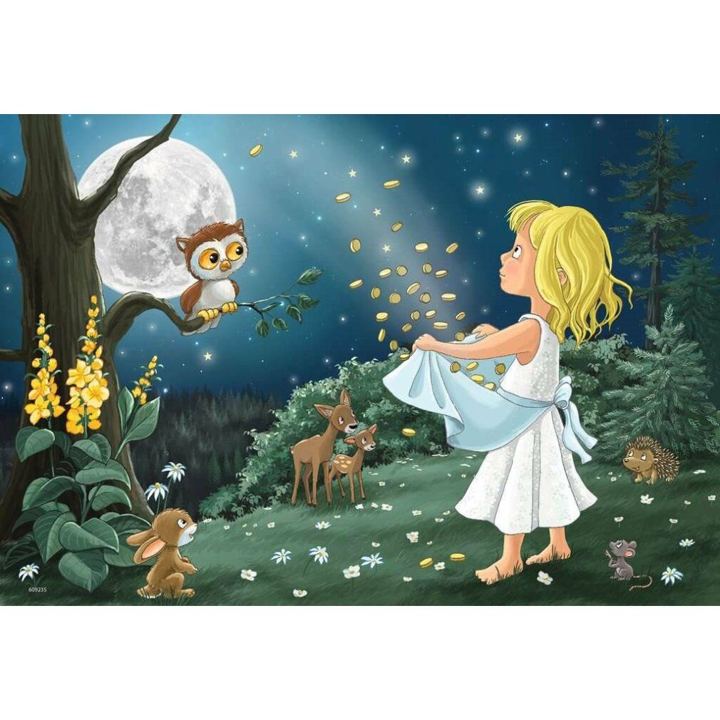 Puzzle: Fiabe. Ragazza nel bosco, circondata da animali e fiori. Gufo su un ramo. Luna nel cielo notturno.