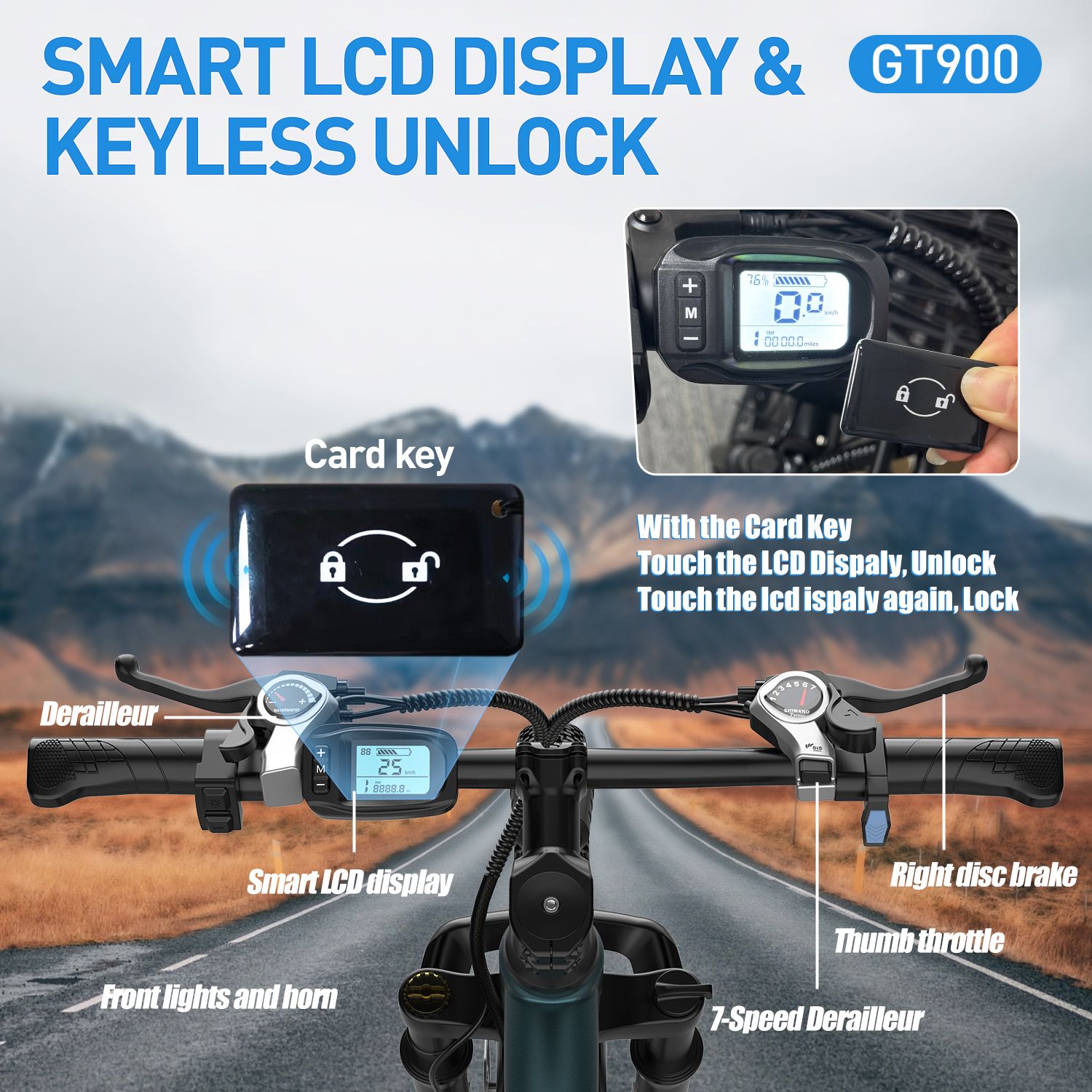 Manubrio e-bike con display LCD intelligente e sblocco senza chiave. Scheda e telecomando. Etichette: Smart LCD Display, cambio a 7 velocità, freno a disco.