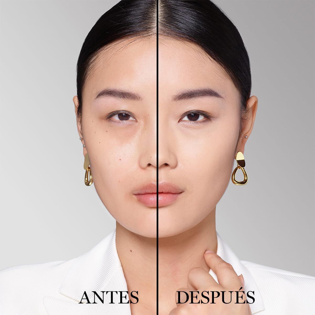 Volto di una donna, metà con e metà senza trucco. Testo: ANTES (Prima) e DESPUÉS (Dopo).