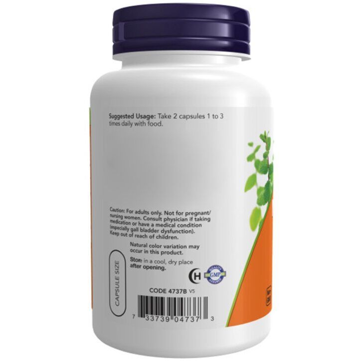 Flacone bianco con tappo blu. Scritta: Capsule Size, Codice 4737B. Contiene informazioni sull'uso e avvertenze.
