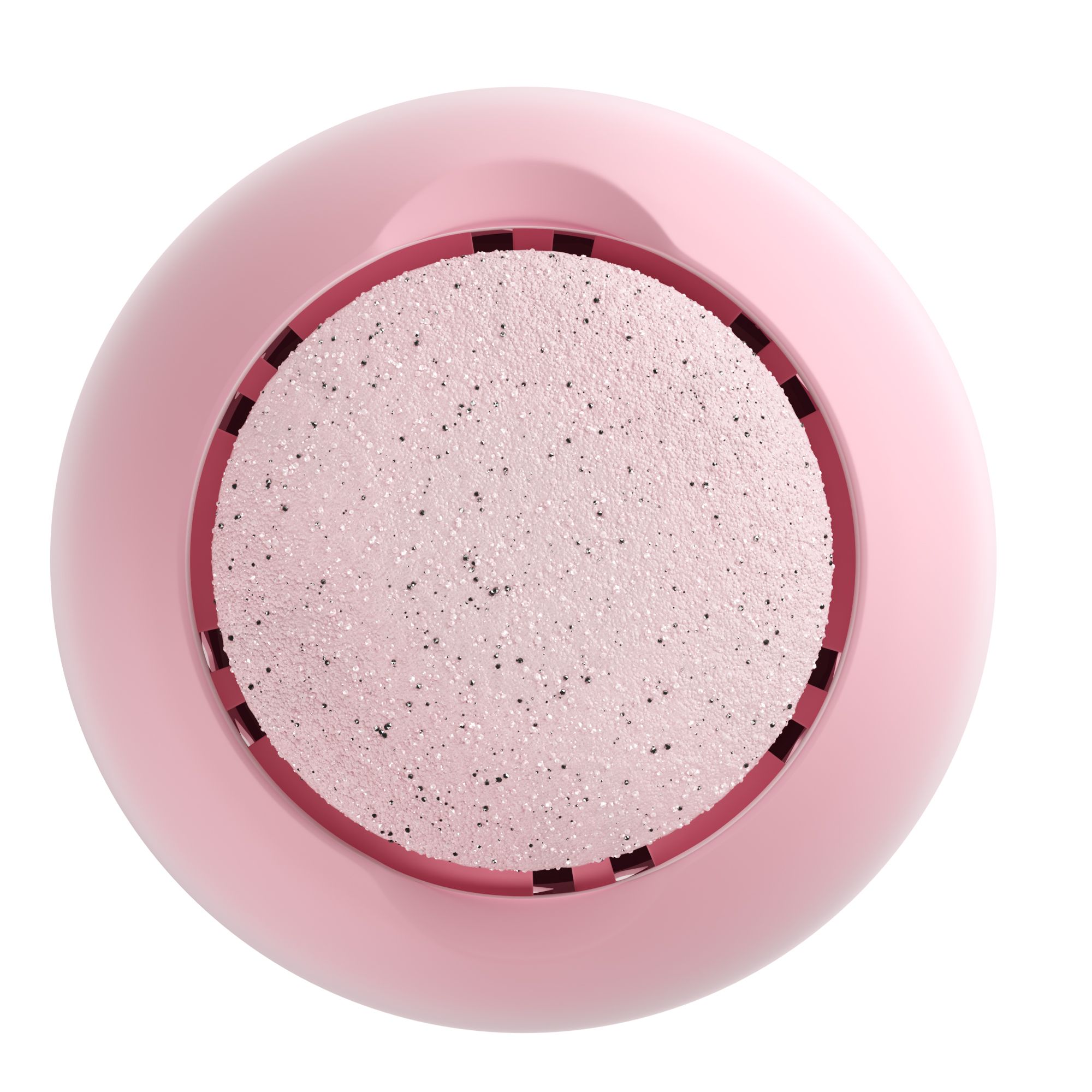 Parte superiore del rimuovi-calli elettrico rosa. Superficie abrasiva con punti. Alloggiamento rosa.