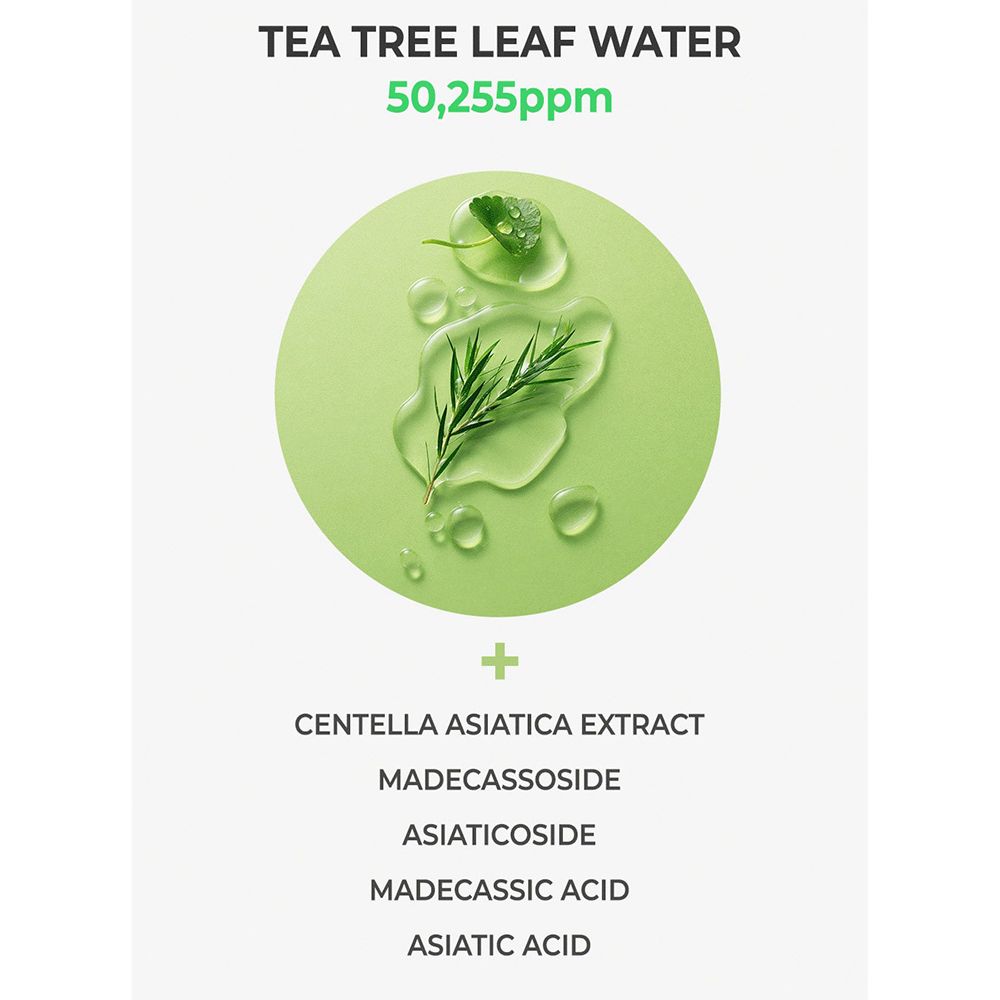 Rappresentazione circolare degli ingredienti. Testo: TEA TREE LEAF WATER, Centella Asiatica Extract, Madecassoside, ecc.