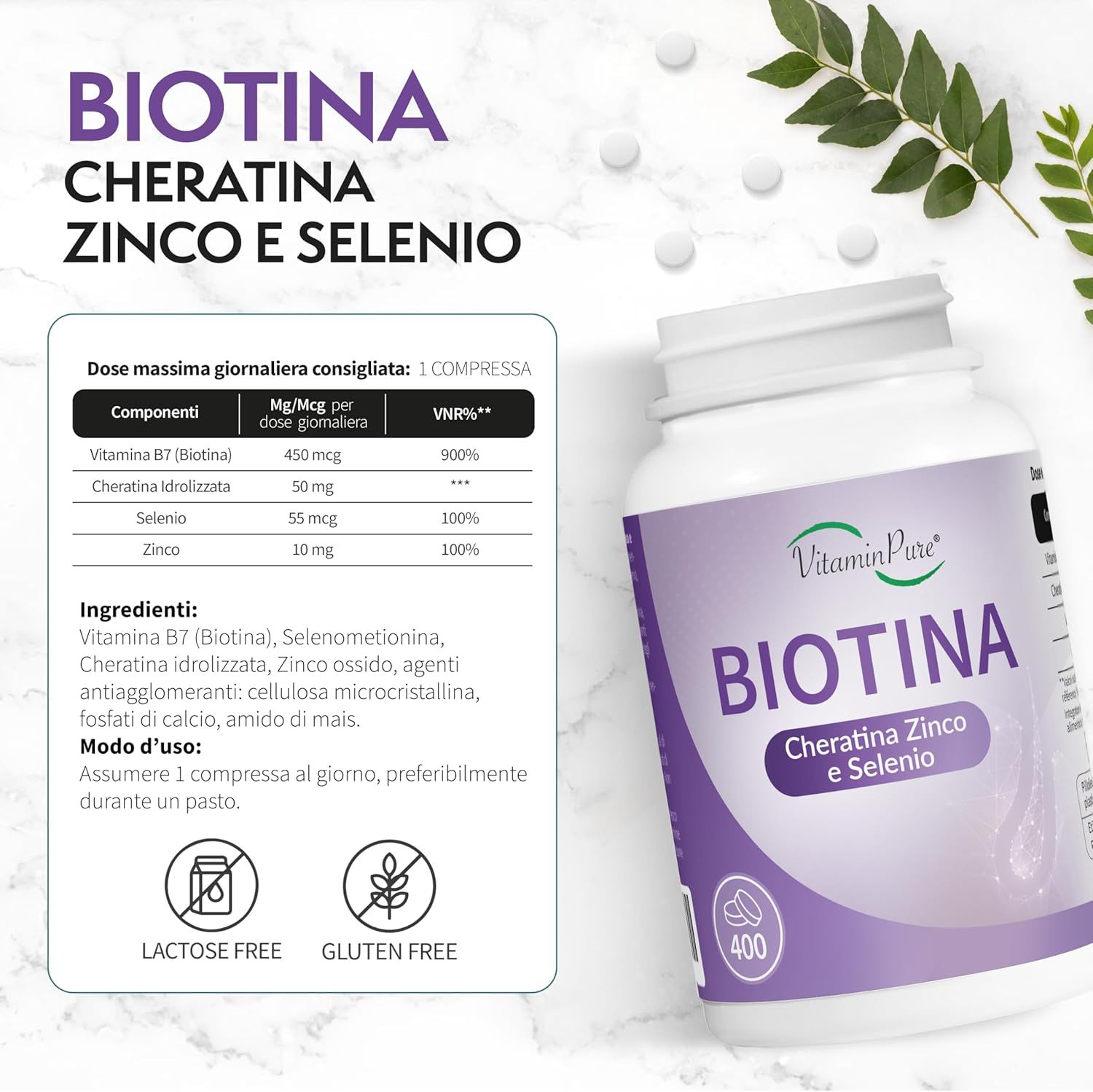 Flacone Biotin VitaminPure. Ingredienti e istruzioni per l'uso. Senza lattosio e senza glutine.