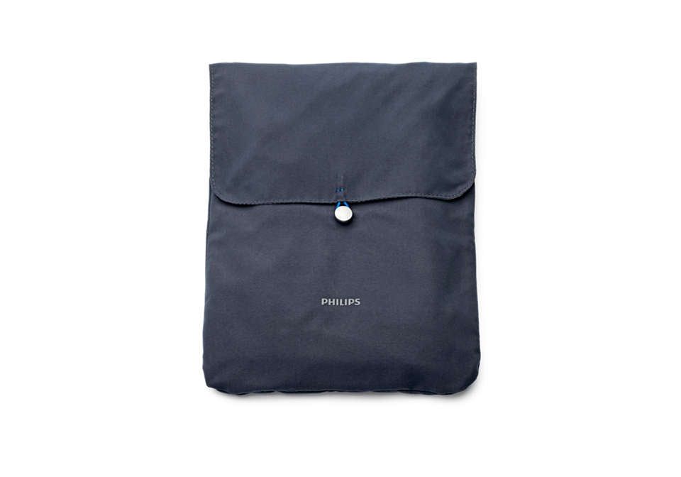 Borsa in tessuto blu scuro con chiusura a bottone e logo Philips.
