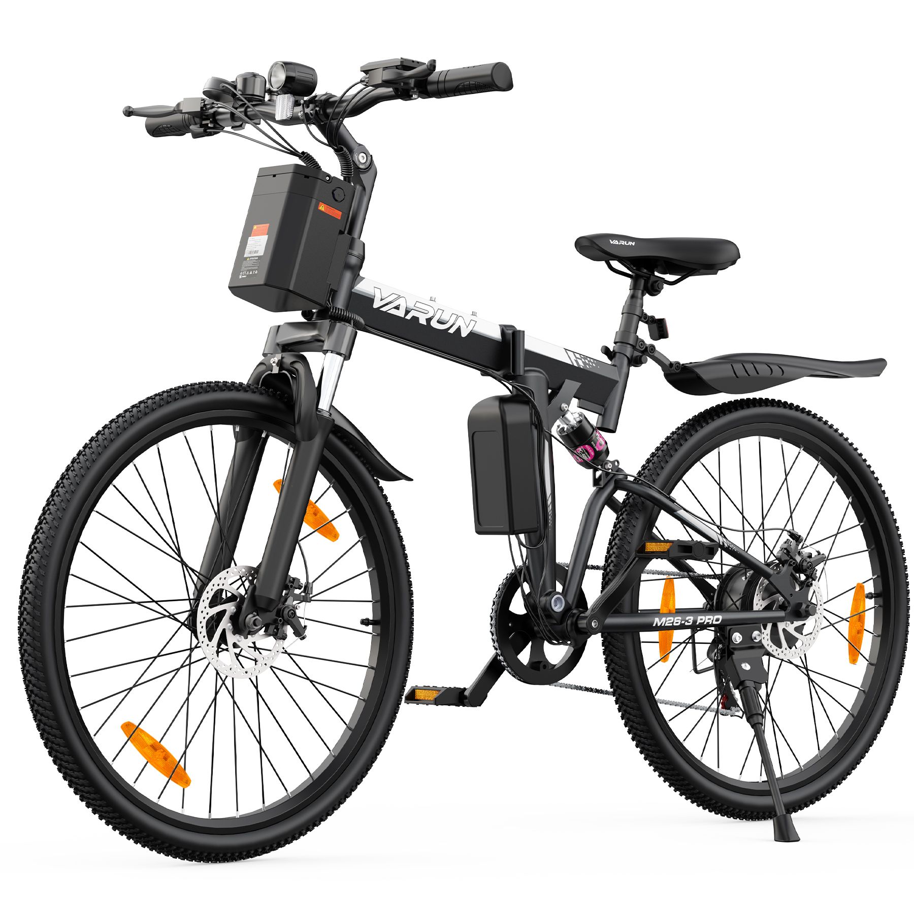 Bicicletta pieghevole nera con batteria, logo VARUN. Sospensioni complete, freni a disco, catarifrangenti arancioni.
