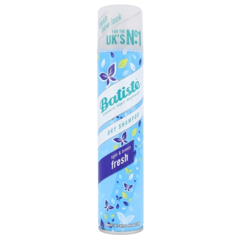 Shampoo secco Batiste, azzurro, con motivi floreali e scritte. Visibili "Fresh" e "UK's N°1".