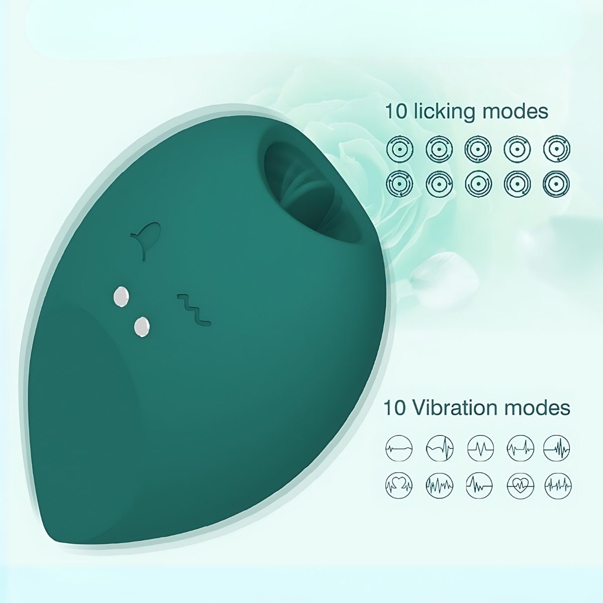 Vibratore a goccia verde. Testo con 10 modalità di leccata e 10 di vibrazione. Simboli delle modalità.