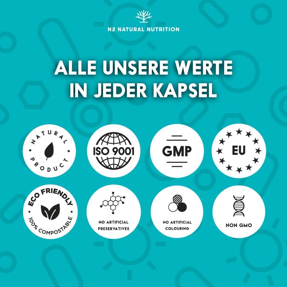 Loghi circolari: Natural Product, ISO 9001, GMP, EU, Eco Friendly, Senza conservanti artificiali, Senza coloranti, Non OGM.