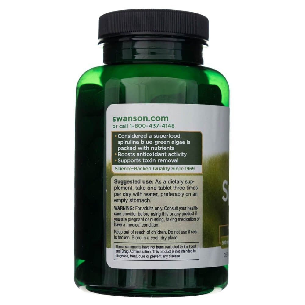 Retro di un flacone verde di spirulina Swanson, con istruzioni per l'uso e avvertenze.