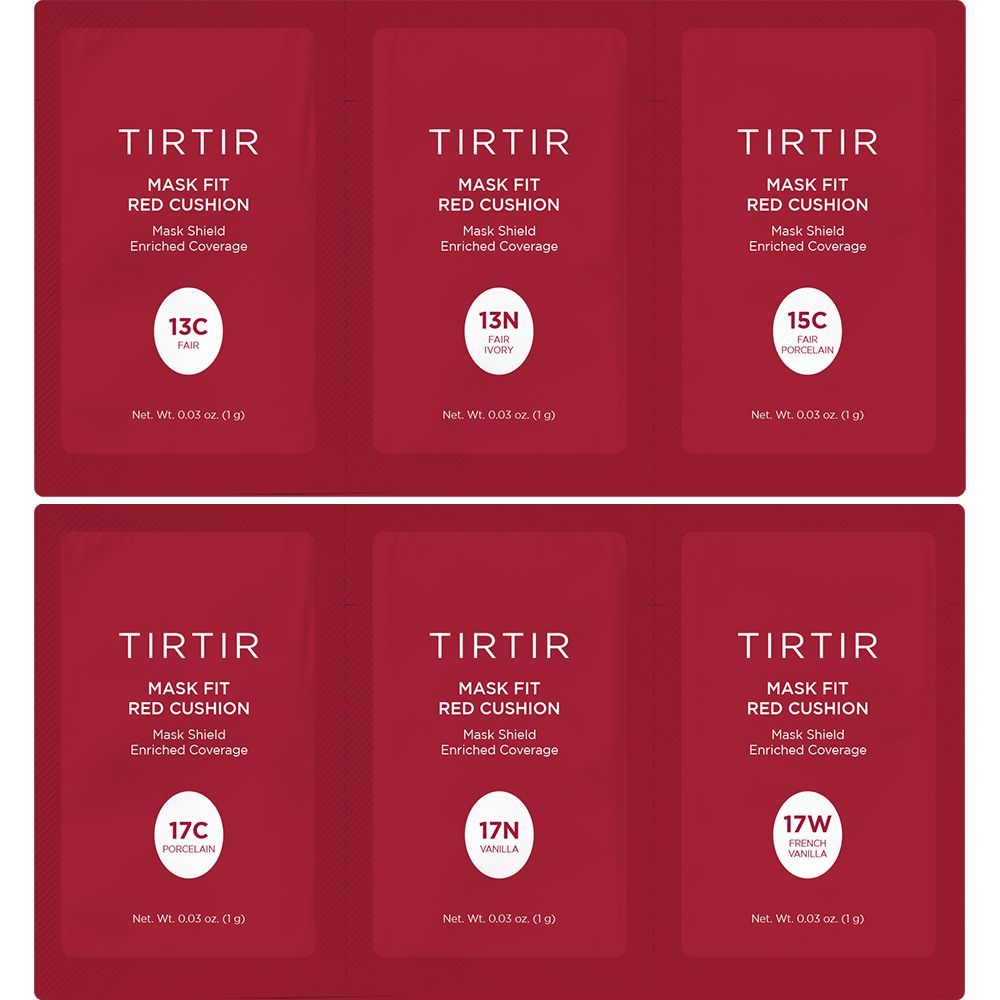 Sei campioni rossi TIRTIR Mask Fit Red Cushion. Varianti colore: 13C, 13N, 15C, 17C, 17N, 17W. Enriched Coverage.