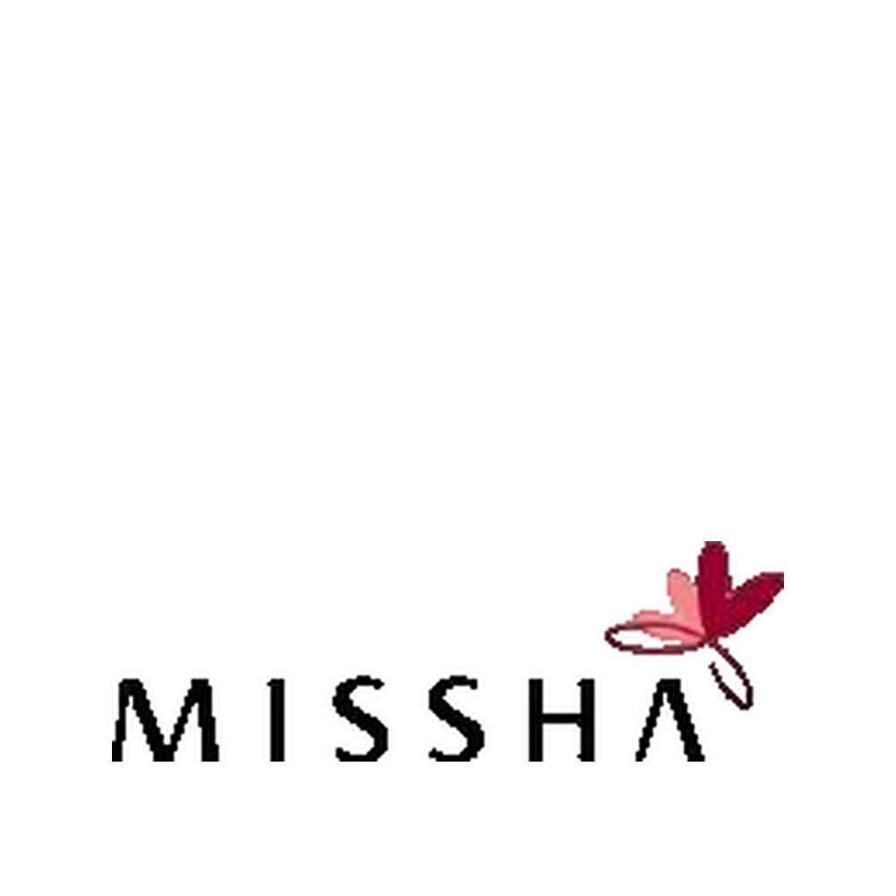 Logo MISSHA. Scritta MISSHA nera con elemento floreale rosa.