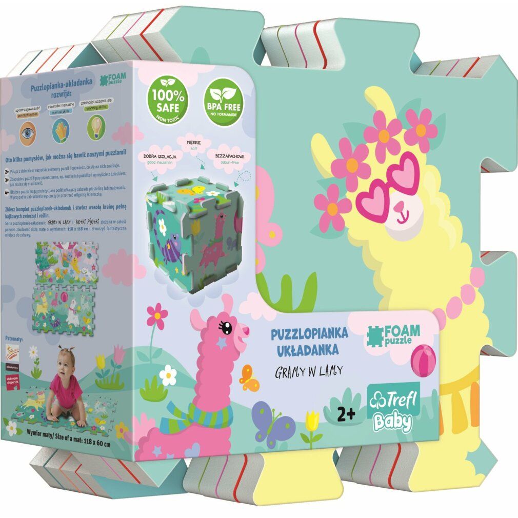 Confezione del puzzle in schiuma Happy Llamas. Mostra un cubo e pezzi di puzzle con lama. Testo: Trefl Baby, 100% Safe, BPA Free. Bambino sulla confezione.