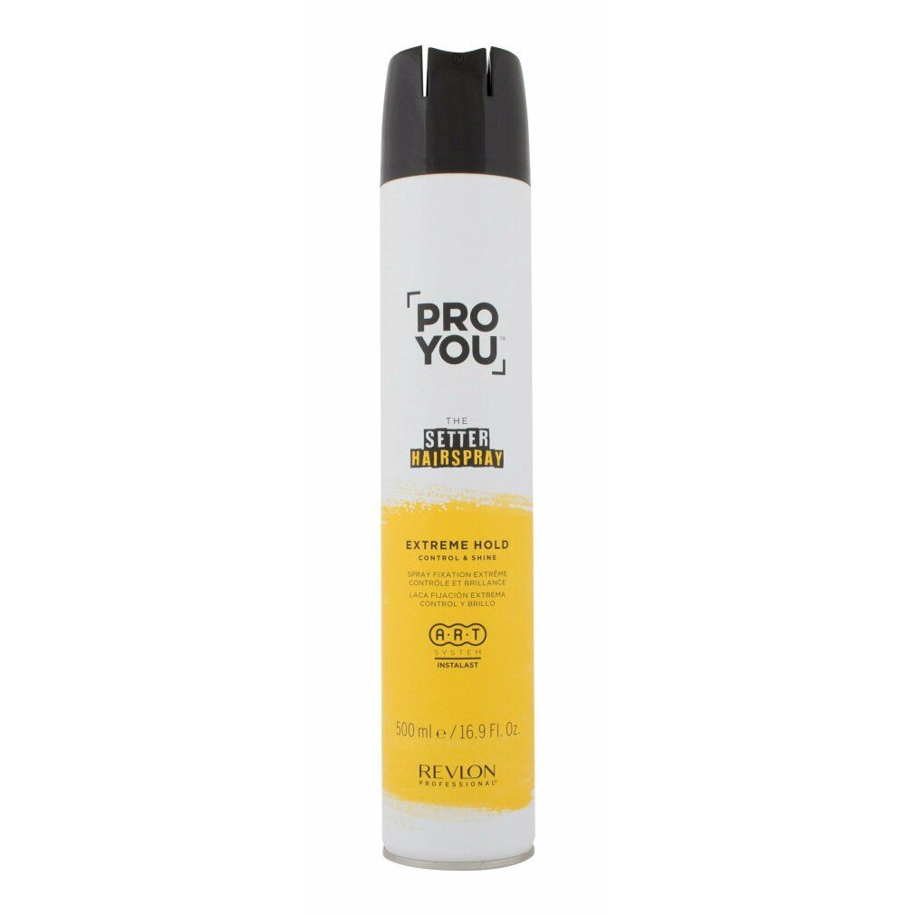 Bomboletta spray per capelli bianca e nera. Scritta: PRO YOU, THE SETTER HAIRSPRAY, EXTREME HOLD. Marchio: Revlon.