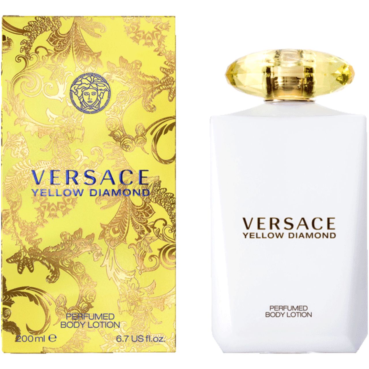 Flacone bianco, tappo giallo, scatola gialla. Scritta: Versace Yellow Diamond. 200ml.