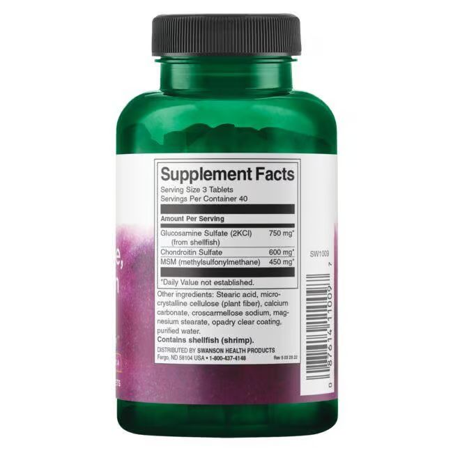 Retro del flacone verde. Etichetta bianca con informazioni nutrizionali. Contiene glucosamina, condroitina e MSM.