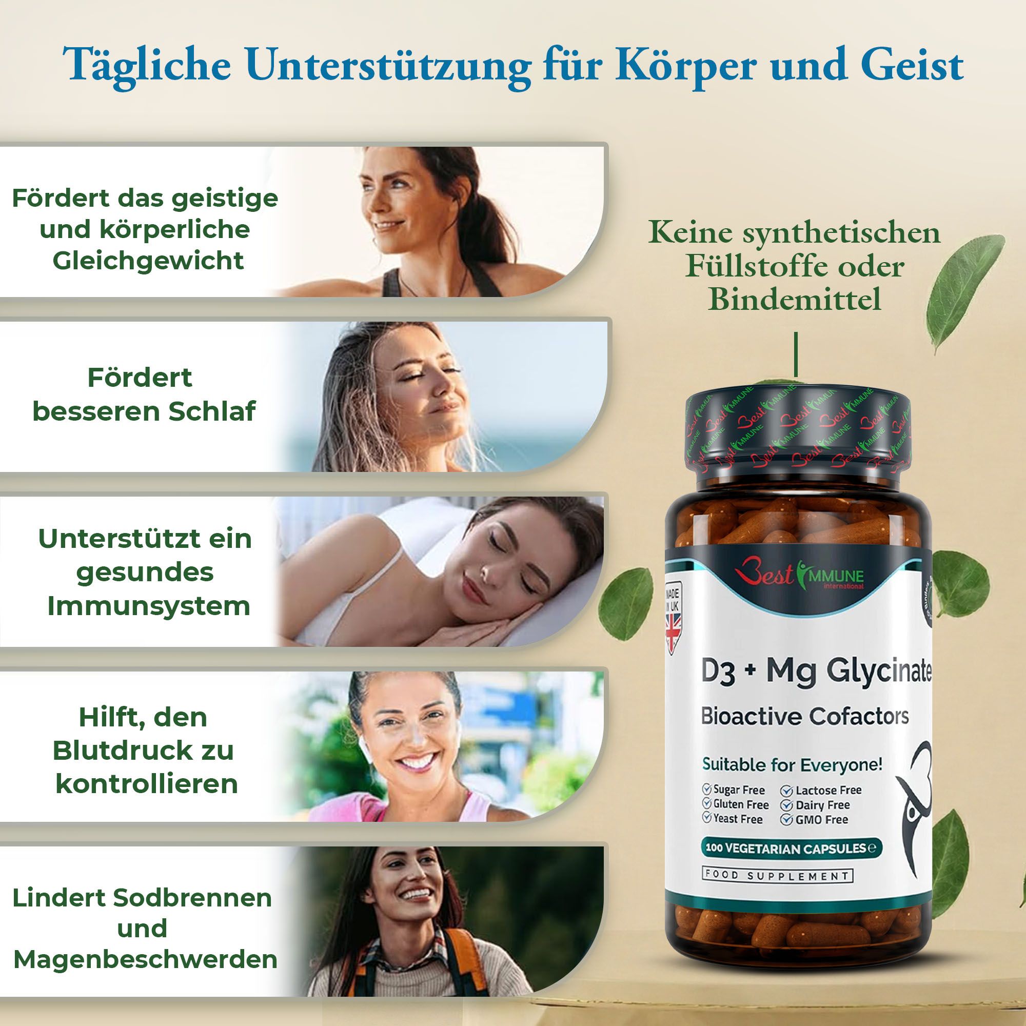 Immagini di donne che illustrano vari benefici del D3 + Mg Glycinate, accanto al prodotto.