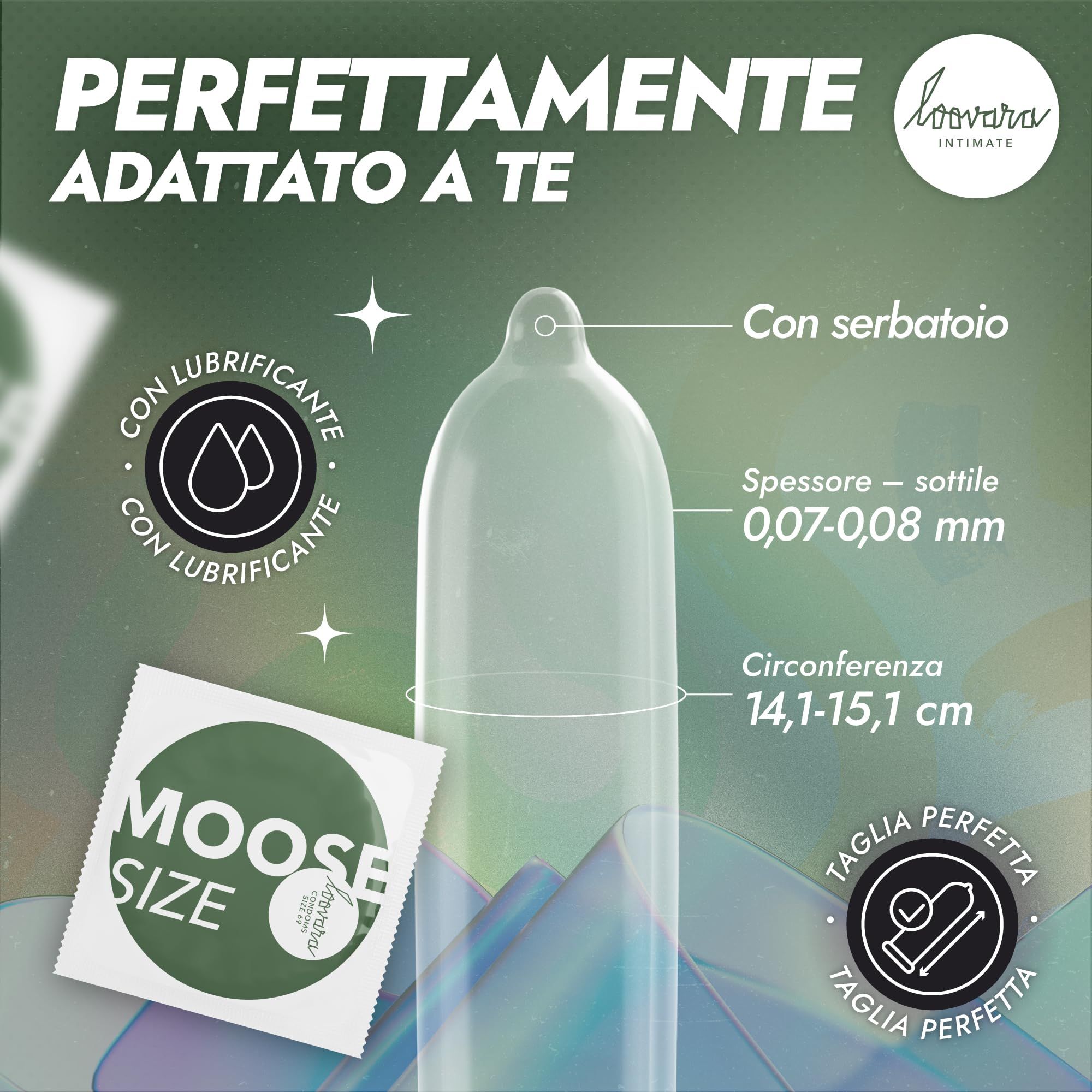 Preservativo Loovara taglia 69 Moose. Sottile involucro in lattice con serbatoio, 0,07-0,08 mm.