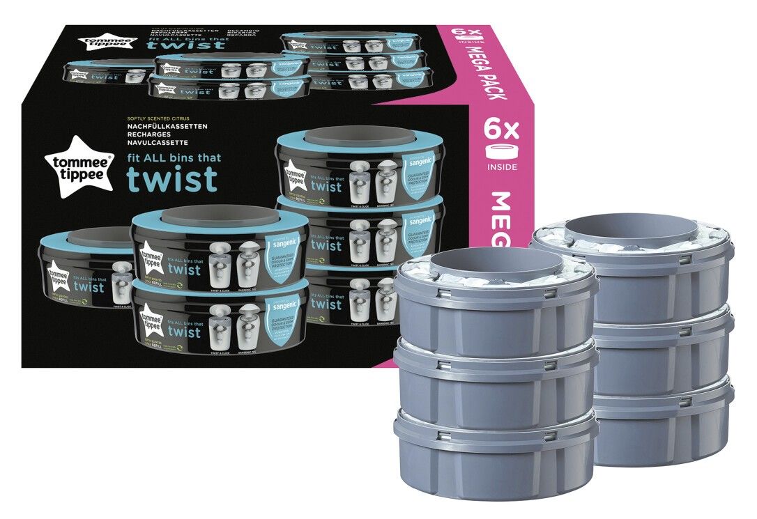 Set da 6 ricariche. Contenitori blu e neri. Scritta: TOMMEE TIPPEE Twist.