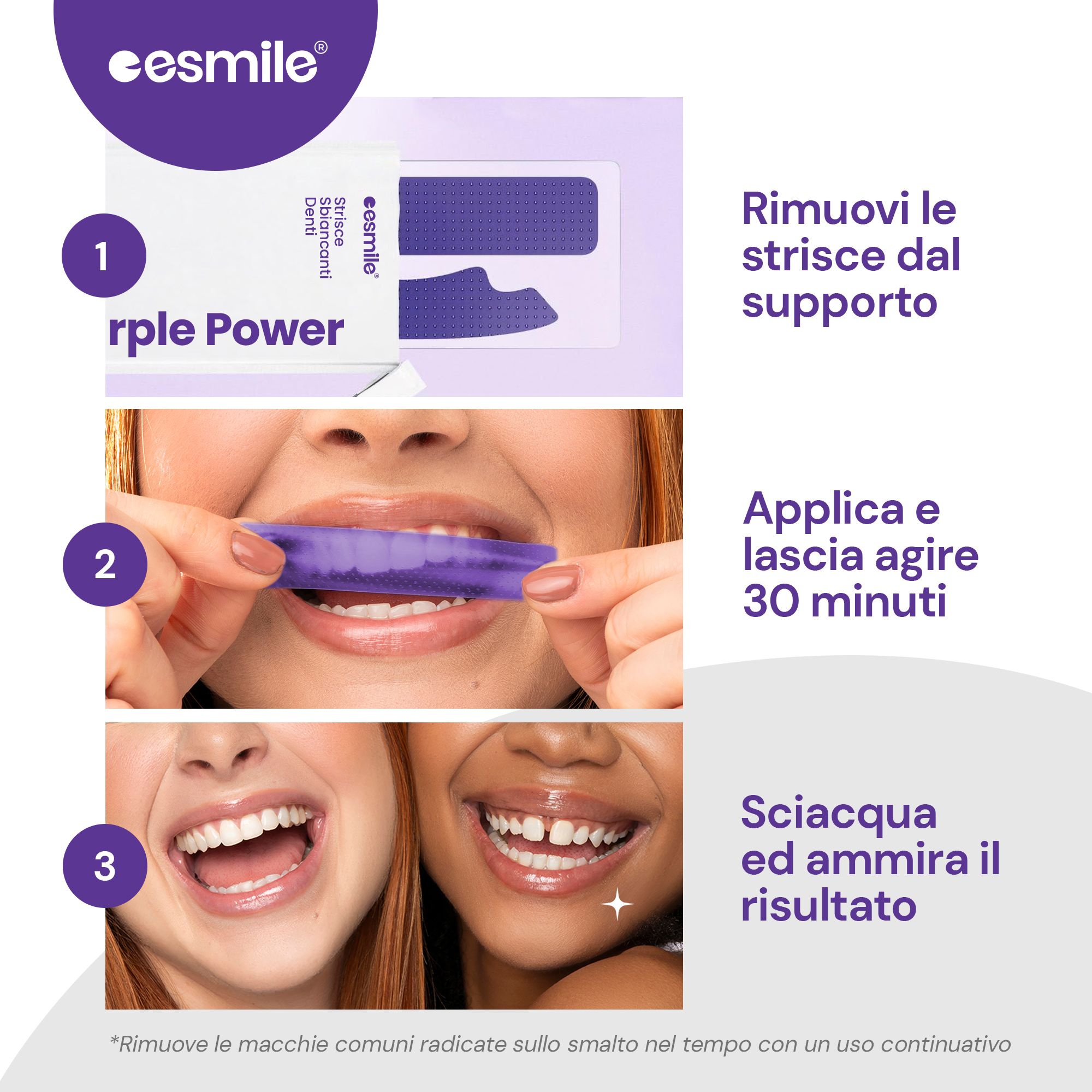 Tre passaggi per utilizzare le strisce sbiancanti. Fase 1: rimuovere le strisce dal supporto. Fase 2: applicare e lasciare agire 30 minuti. Fase 3: risciacquare.