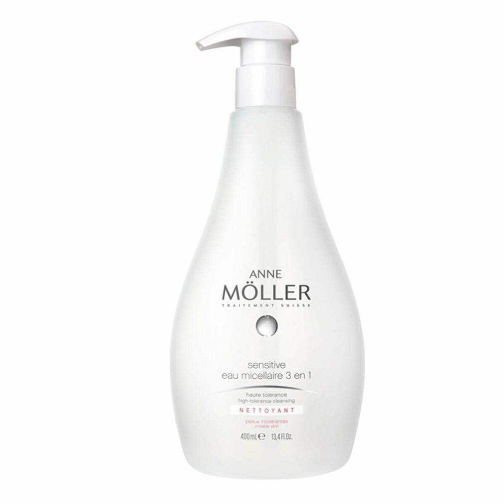 Flacone bianco con dosatore. Scritta: ANNE MÖLLER, Sensitive Eau Micellaire 3 en 1. Forma arrotondata. 400ml.