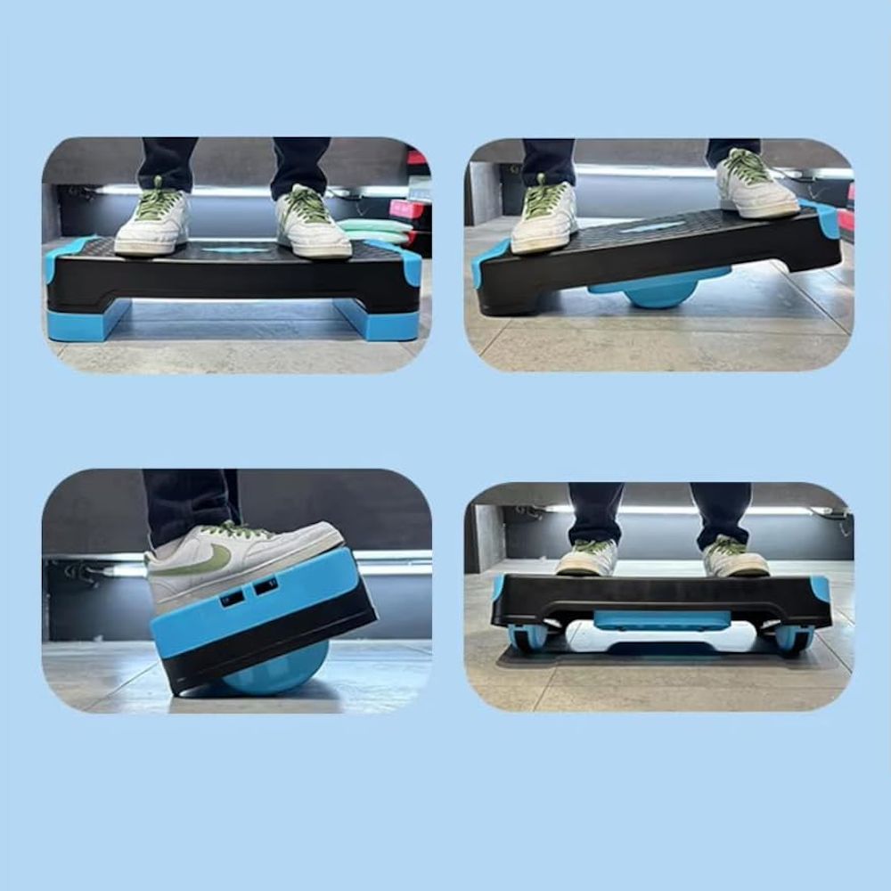 Persone che usano uno stepper. Lo stepper è nero con elementi turchesi. Diverse posizioni.