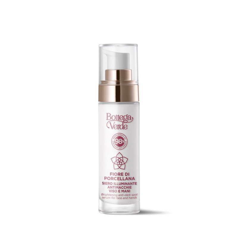 Bottega Verde Fiore di Porcellana Siero con dispenser a pompa. Siero illuminante antimacchie per viso e mani.