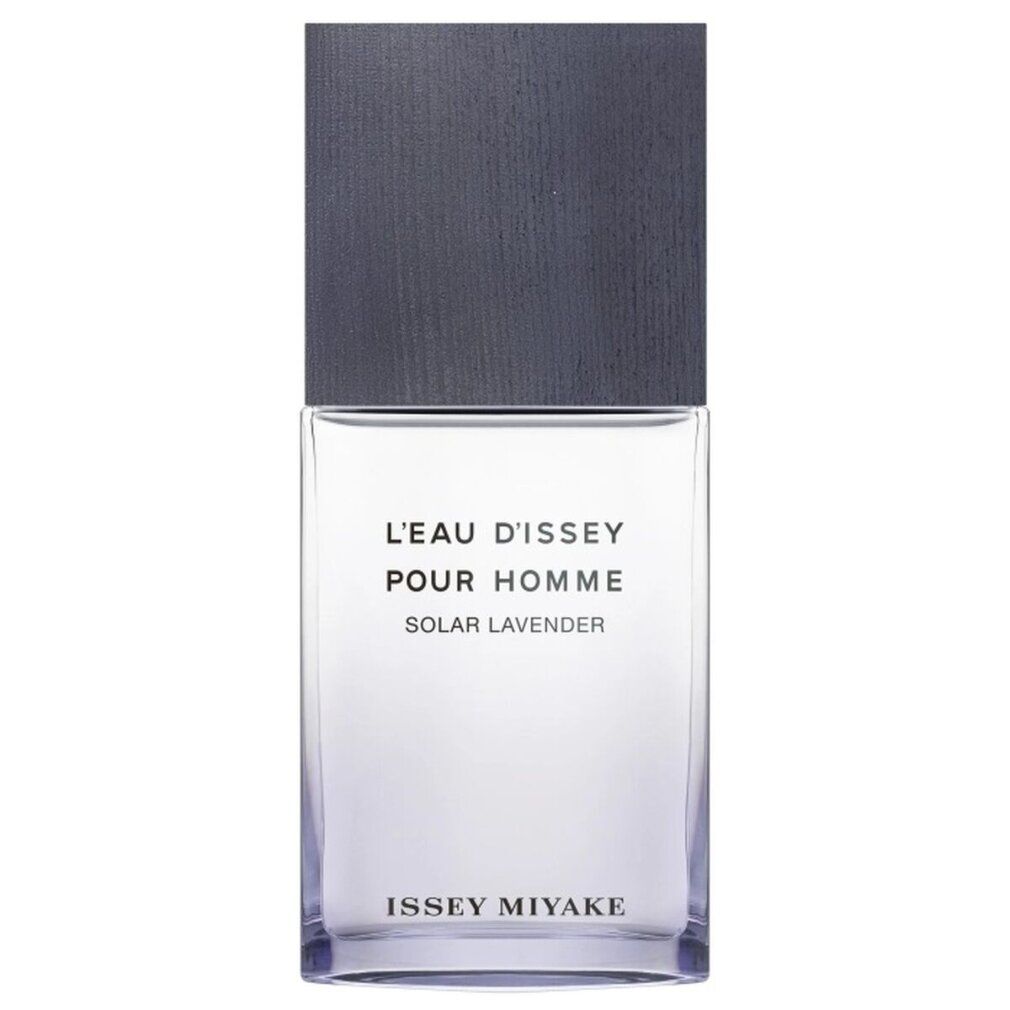 Flacone rettangolare con tappo grigio. Scritta: L'Eau d'Issey pour Homme Solar Lavender. Marchio: Issey Miyake.