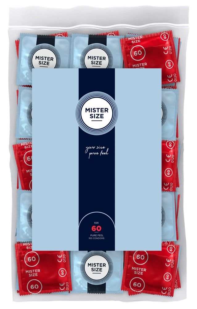 Confezione da 100 preservativi Mister Size 60, ultra sottili.