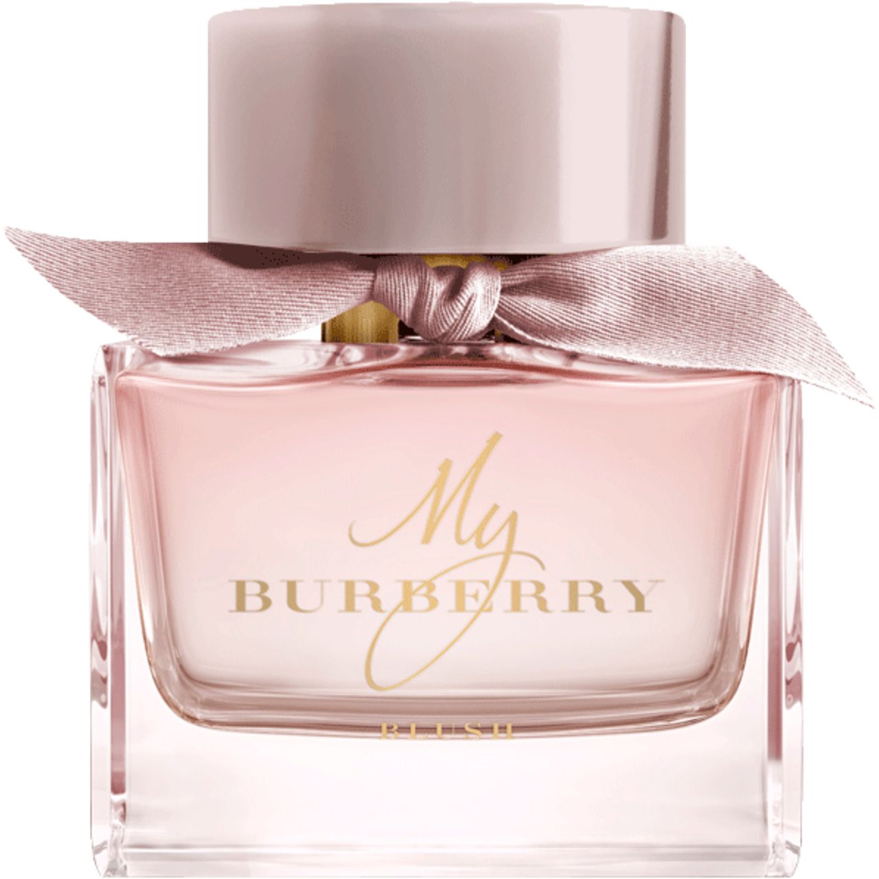 Flacone di profumo My Burberry Blush con fiocco e tappo rosa. Forma quadrata.