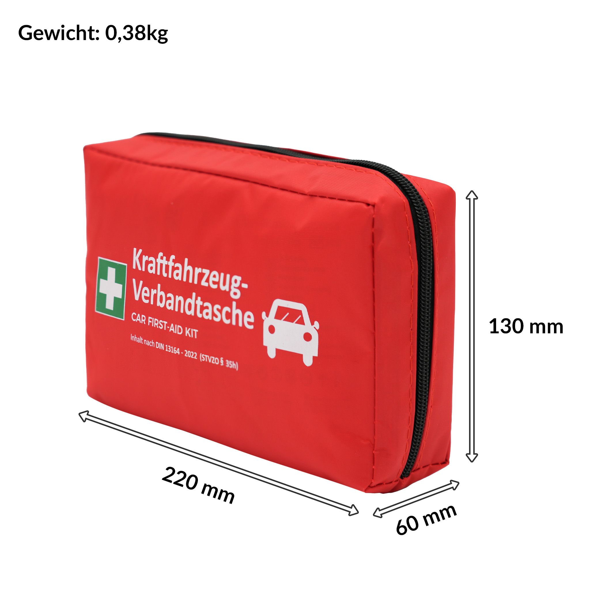 Borsa di pronto soccorso rossa con stampa e cerniera. Dimensioni: 220x130x60 mm. Peso: 0,38 kg. Croce verde e simbolo auto.