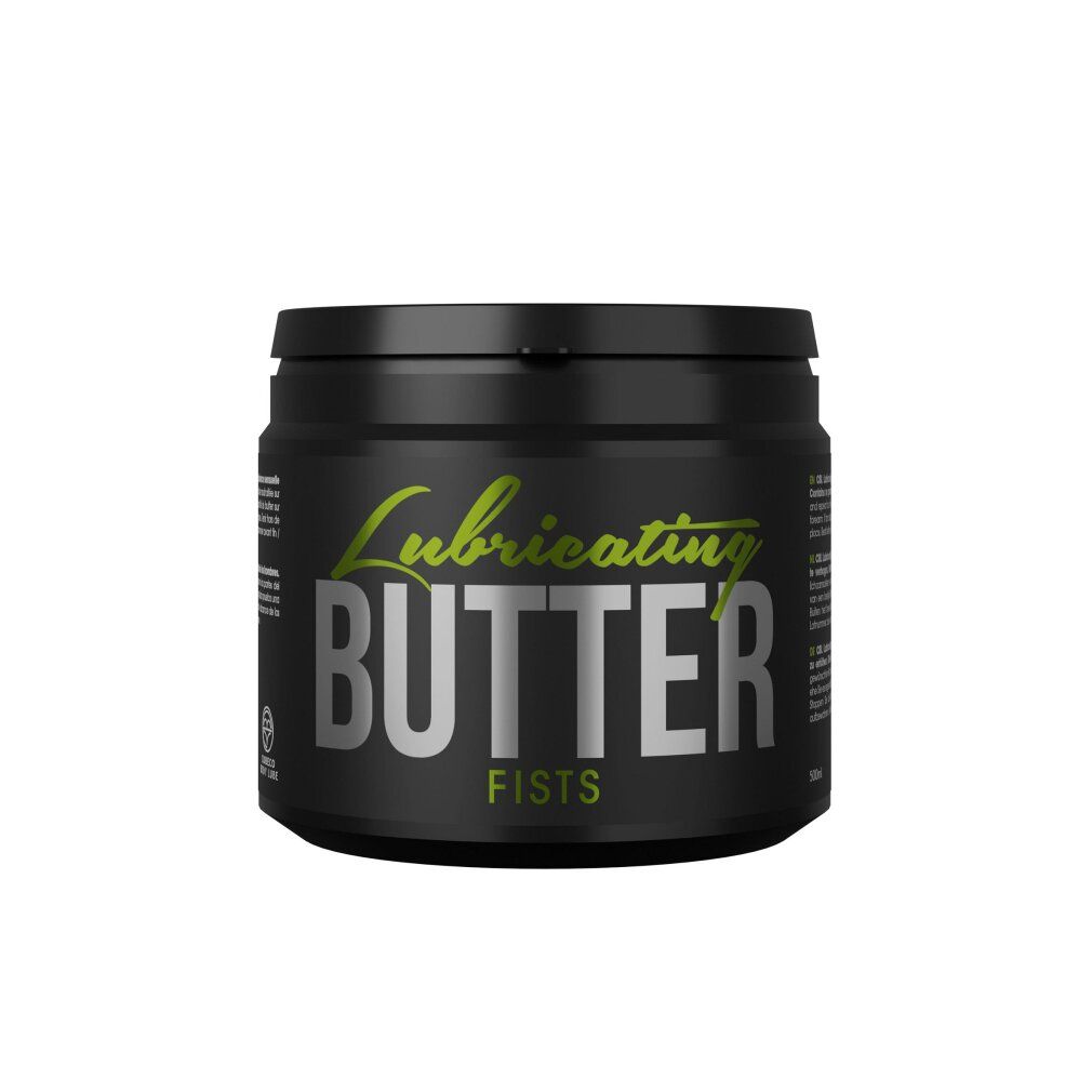Barattolo nero con coperchio. Scritta: Lubricating BUTTER, FISTS. Scritta verde e argento.