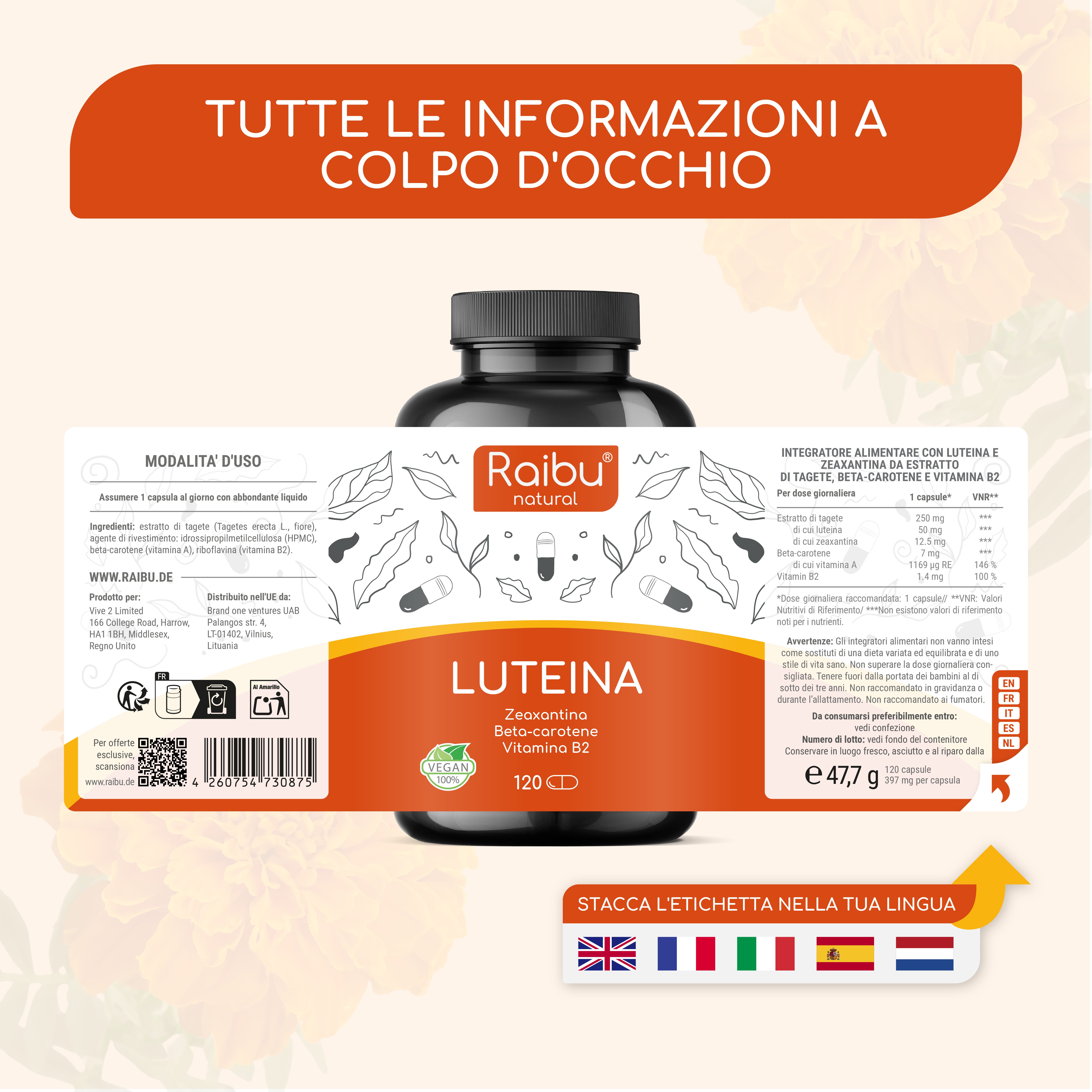 Flacone del prodotto con etichetta. Testo: Luteina, Zeaxantina, Beta-carotene, Vitamina B2. 120 capsule. Etichetta in più lingue.