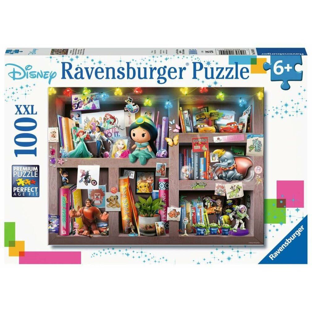 Scatola puzzle Disney. Contiene 100 pezzi XXL. Età consigliata: 6+. Marchio: Ravensburger. Confezione con elementi colorati.