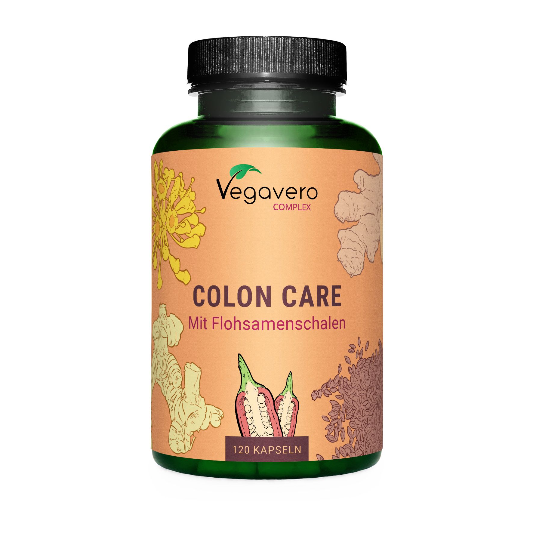 Flacone marrone con tappo nero. Scritta: Vegavaro, Colon Care, 120 capsule. Con illustrazioni di piante.