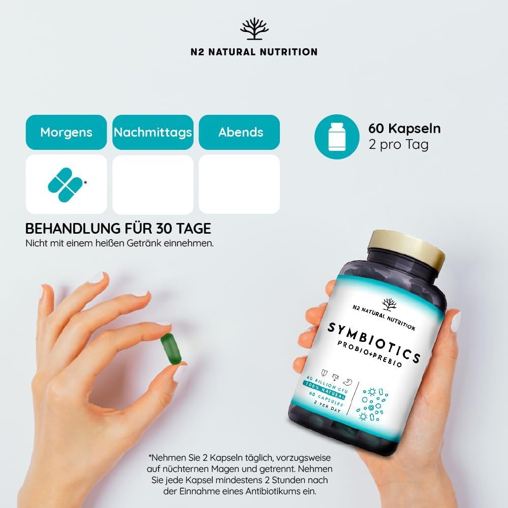 Mano che tiene una capsula. Flacone Symbiotics Probio+Prebio. 60 capsule, 2 al giorno. Trattamento 30 giorni.