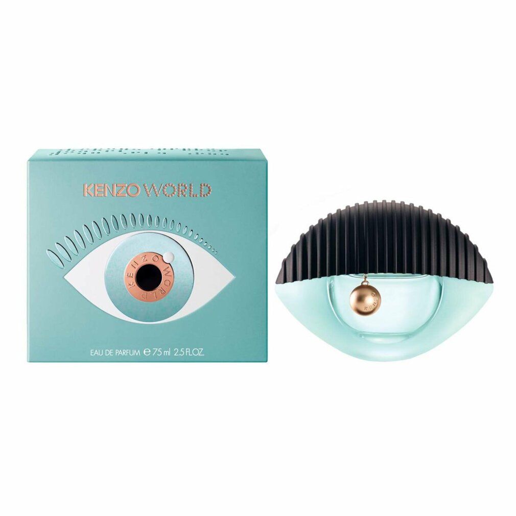 Flacone e scatola di profumo azzurro. Scatola con KENZO WORLD e design occhio. Flacone a forma di occhio.