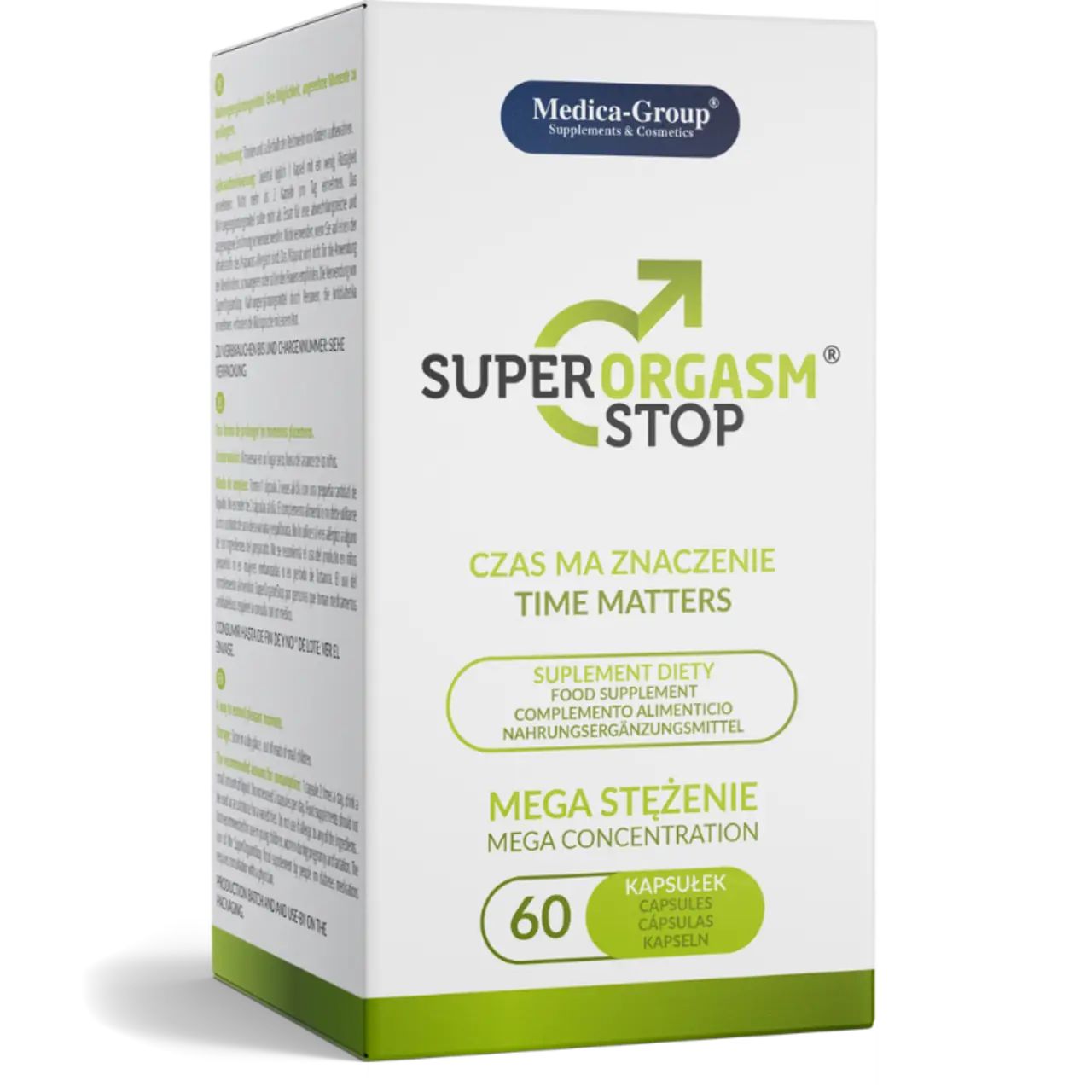 Scatola bianca. Scritta: Super Orgasm Stop, 60 capsule, Medica-Group. Logo e testo verdi.