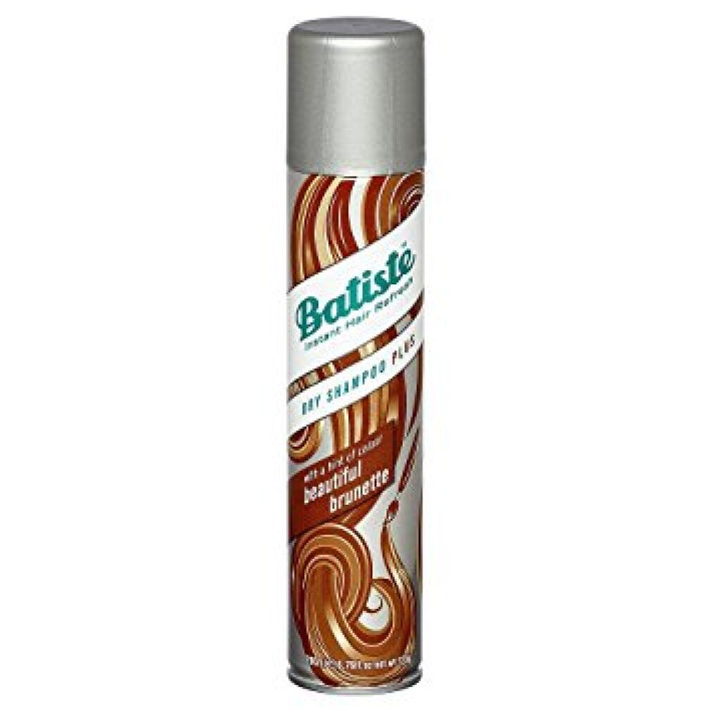 Spray shampoo secco, bomboletta argentata. Scritta: Batiste, Dry Shampoo Plus, beautiful brunette.
