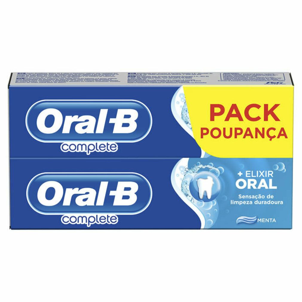Confezione di due tubi di dentifricio. Confezione blu con testo bianco. Contiene collutorio.