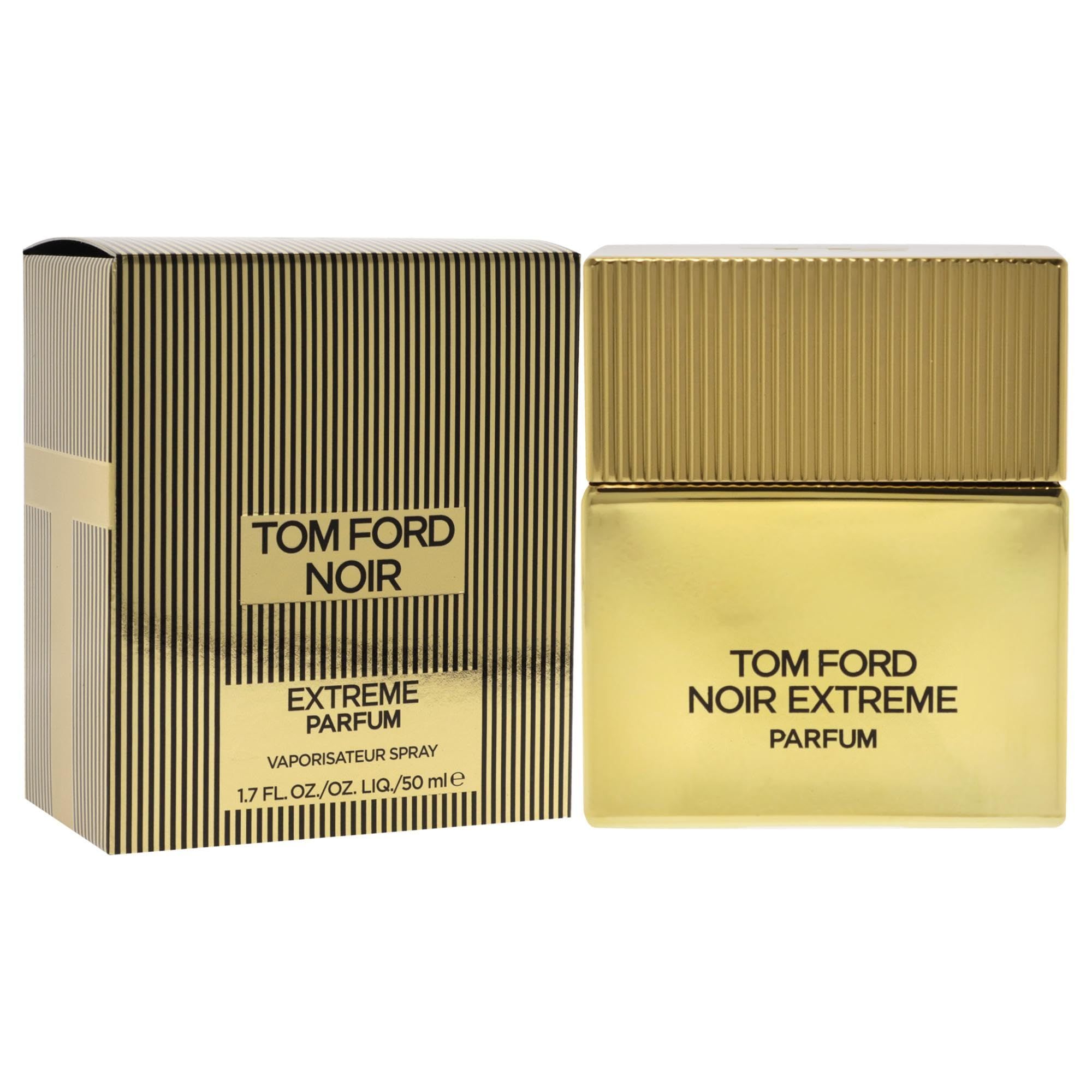 Flacone di profumo e confezione. Flacone dorato con tappo dorato. Scritta nera. Confezione a strisce verticali.