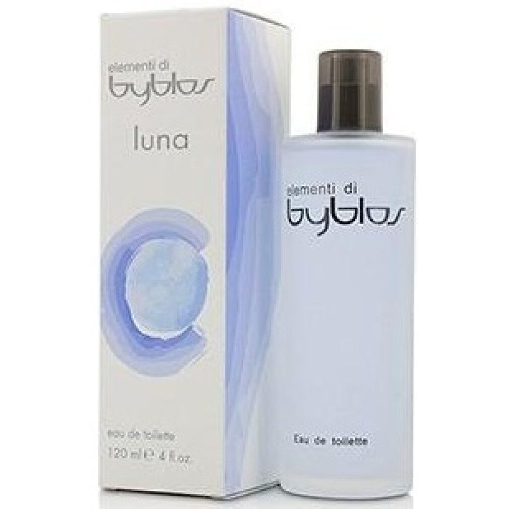 Flacone e confezione azzurro chiaro. Scritta: elementi di byblos Luna, eau de toilette, 120 ml.