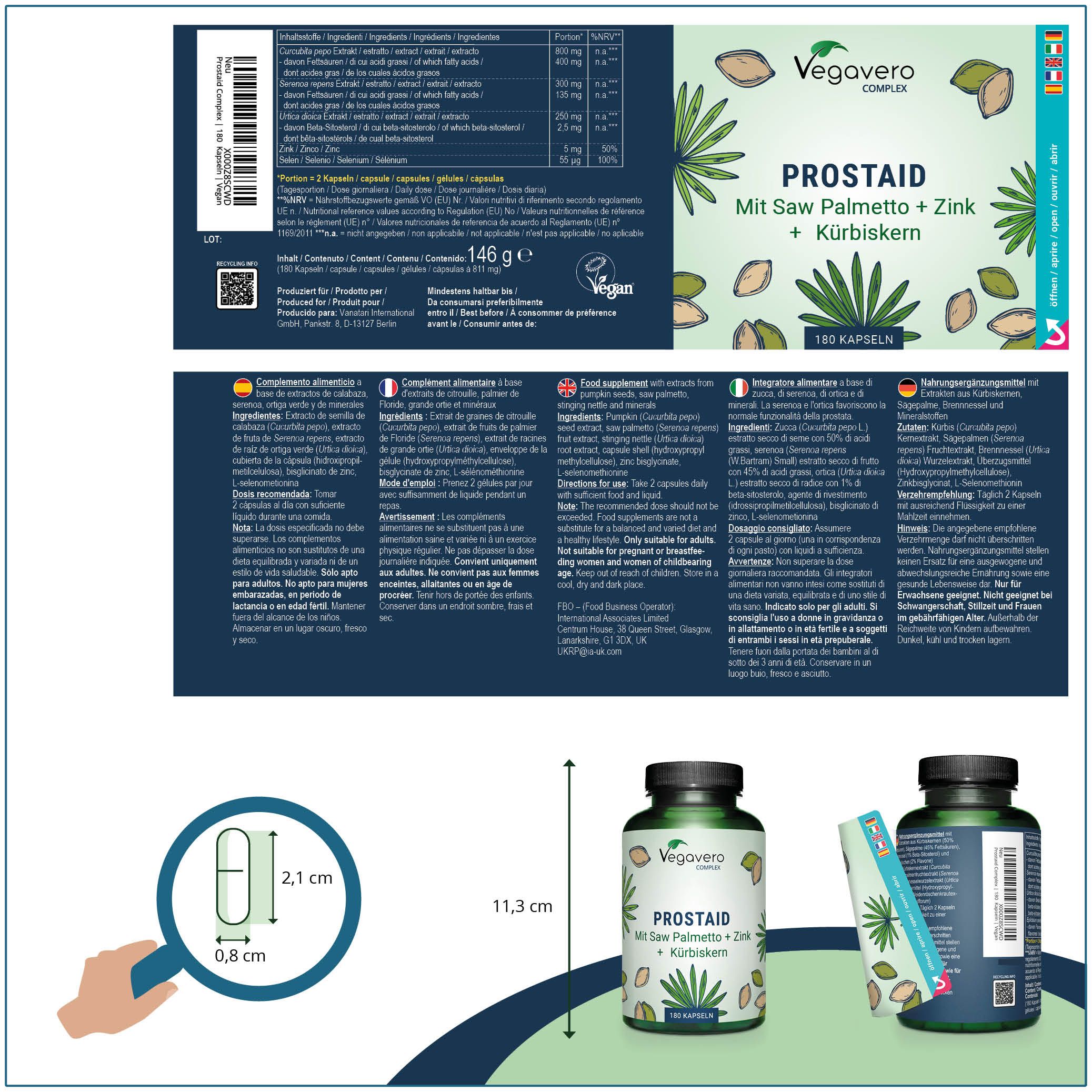 Confezione del prodotto con etichetta. Scritta: VEGAVERO COMPLEX, PROSTAID, Mit Saw Palmetto + Zink + Kürbiskern. Dimensioni capsula: 2,1 x 0,8 cm.