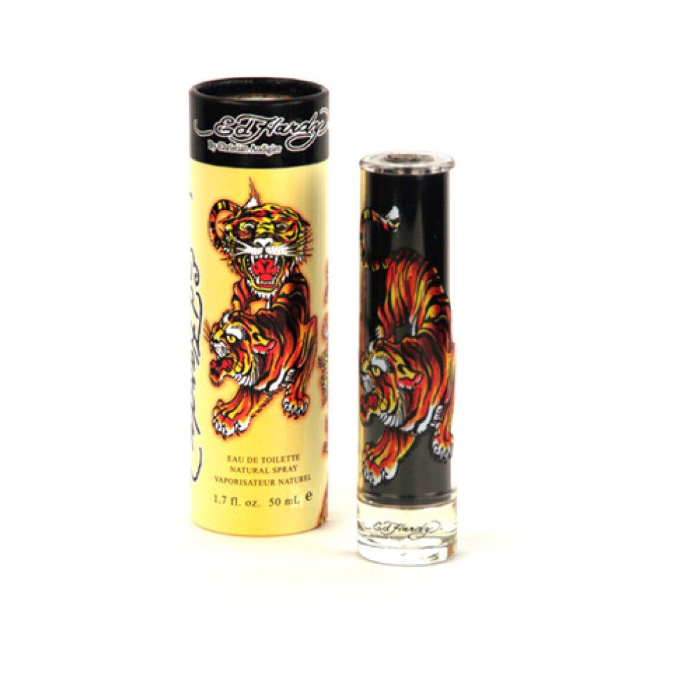 Spray Eau de Toilette e confezione. Confezione cilindrica con design a tigre. Flacone con design a tigre. Marchio Ed Hardy.