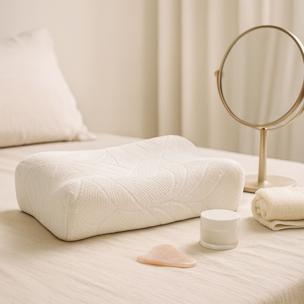 Cuscino bianco su un letto. Accanto, uno specchio, una crema e una pietra Gua Sha. Forma ergonomica.