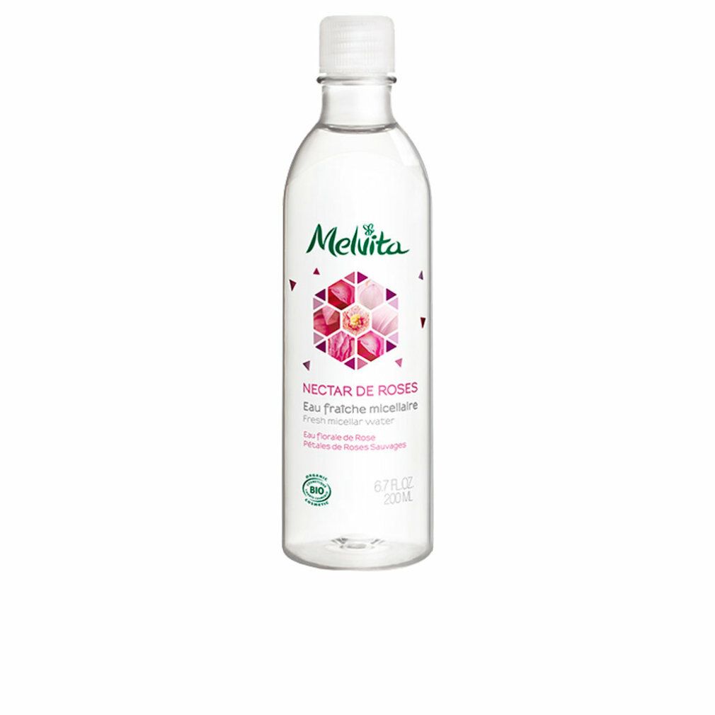 Flacone trasparente con tappo bianco. Etichetta con logo, nome del prodotto e marchio bio. Testo: Nectar de Roses, Eau fraiche micellaire.