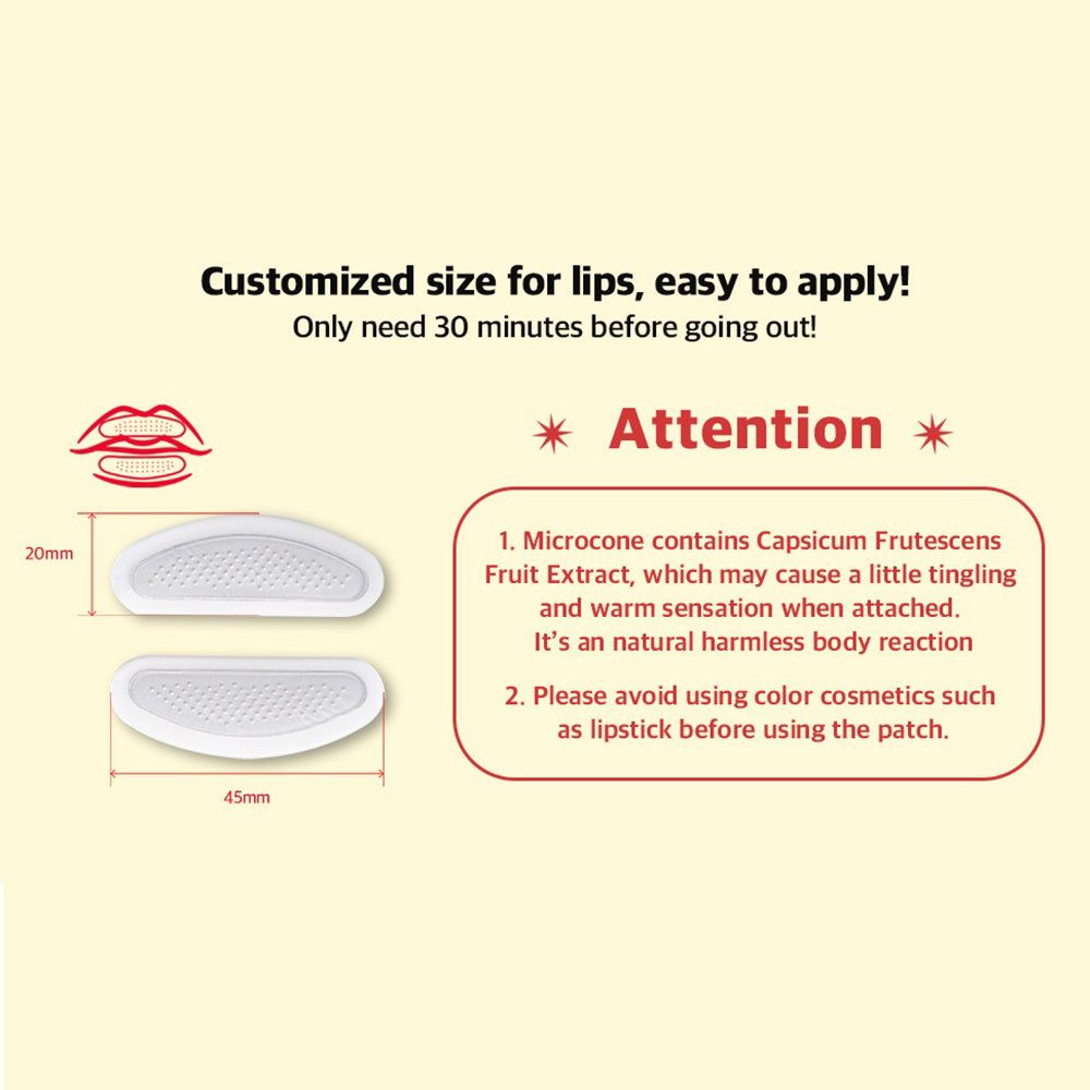 Due patch per labbra. Dimensioni: 20 mm x 45 mm. Testo: Customized size for lips, easy to apply! Attenzione: Contiene Capsicum Frutescens.