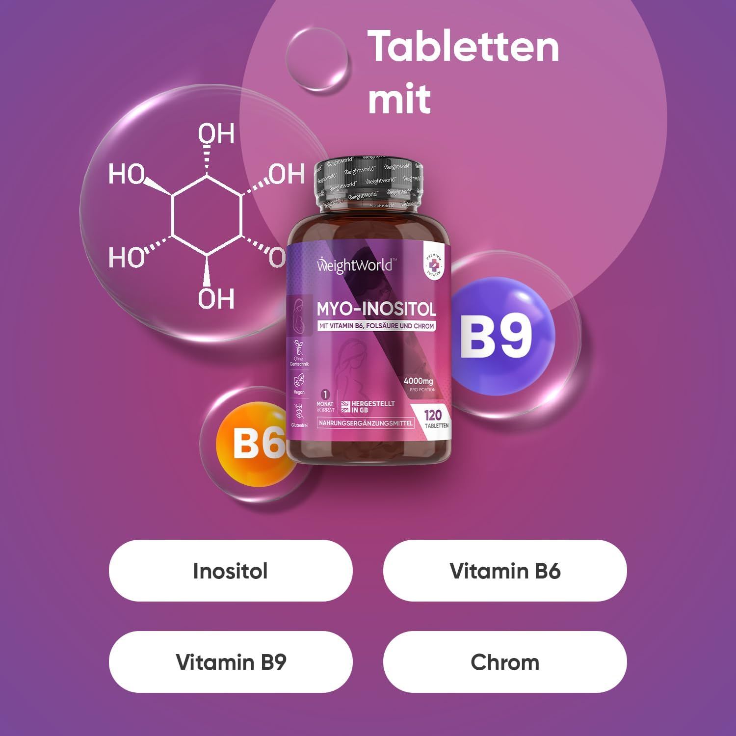 Grafica con flacone WeightWorld MYO-INOSITOL. Contiene vitamina B6, B9 e inositolo. Simboli B6, B9 e cromo.
